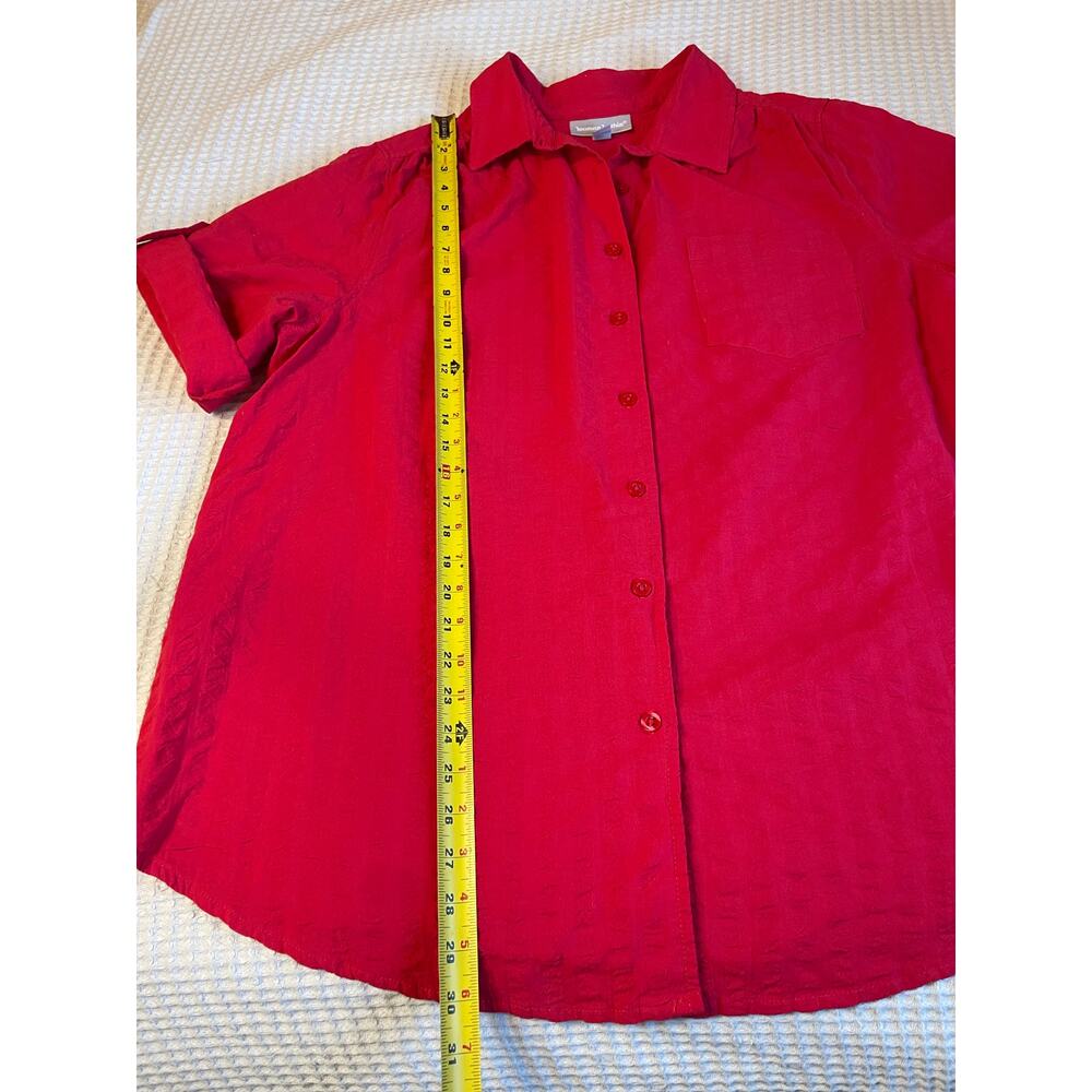 Woman Within Boho Cottage Cotton Red Textured Roll Tab Sleeves Button Up Top Lg - Picture 7 of 11